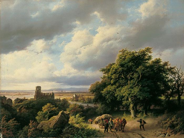 Barend Cornelis Koekkoek Flublandschaft mit Ruine und Pferdewagen